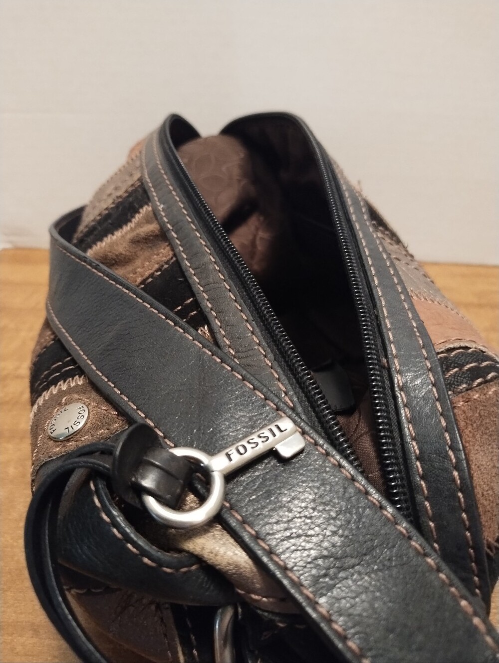 Fossil Brown and Black Leather Patchwork  Bag